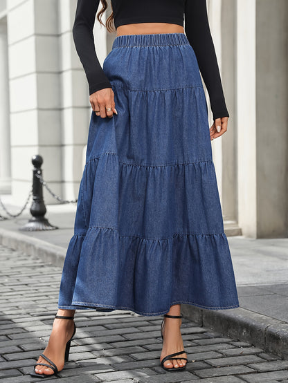 Damska Długa Spódnica Jeansowa High-Waist Falbana