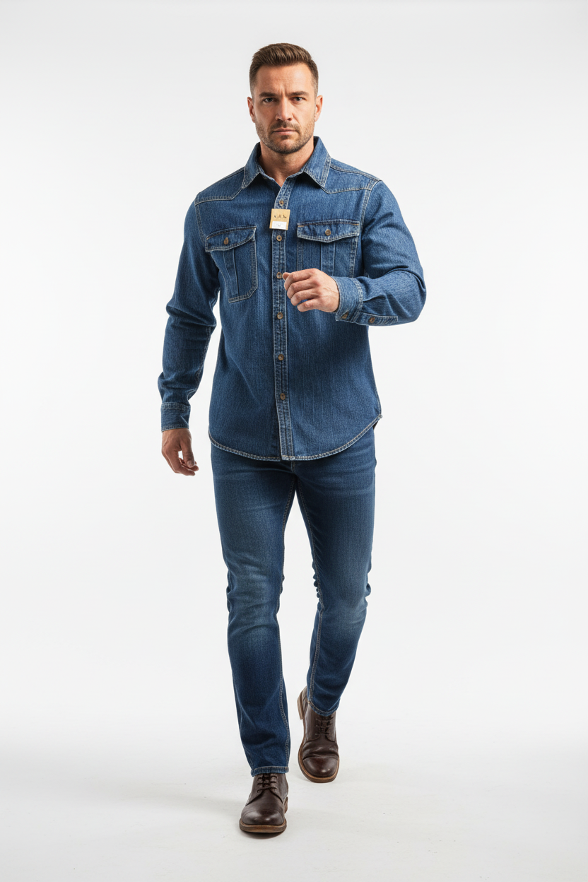 Mężczyzna w koszuli jeansowej w ruchu