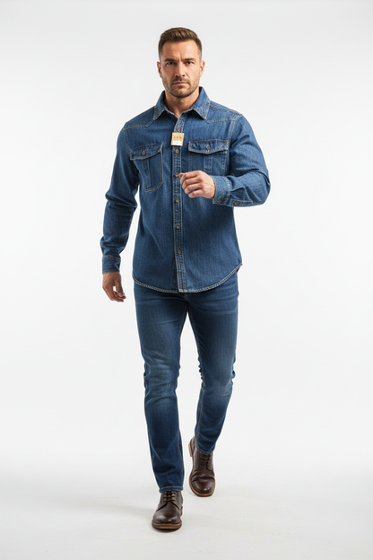 Mężczyzna w koszuli jeansowej w ruchu
